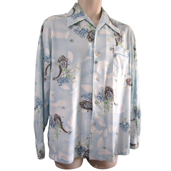 Powder Blue Paisley Print Polyester Lancer California Disco Shirt Mens Lg  EUC - Picture 7 of 16